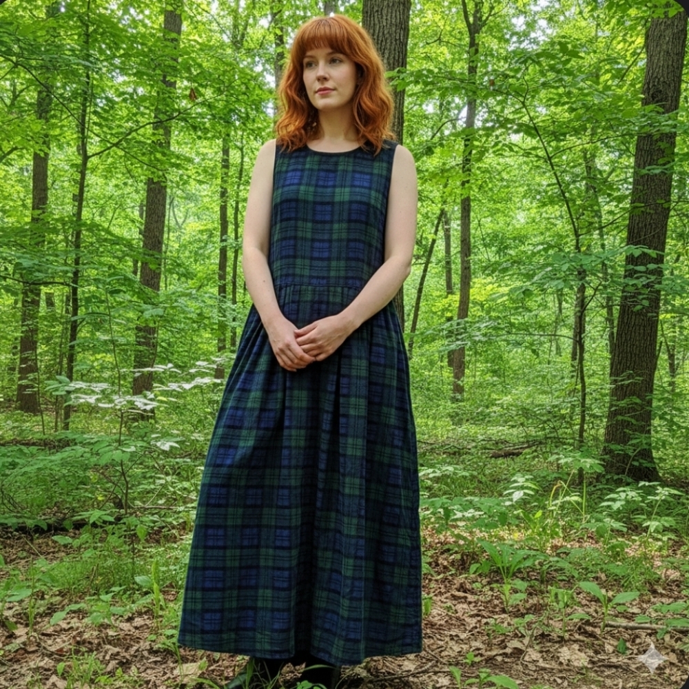 VTG Womens Overall Corduroy Maxi Dress 100% Cotton Tartan Jumper Blue Green L